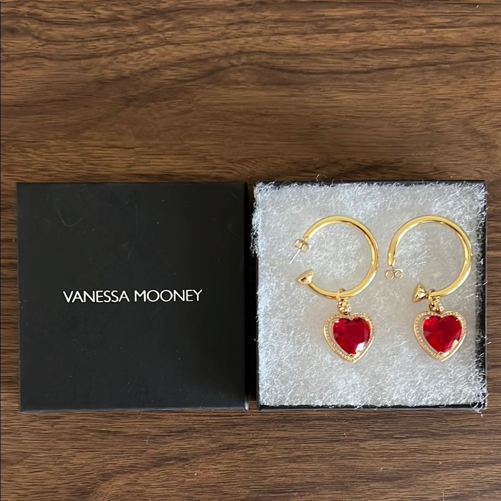 VANESSA MOONEY Gold and Red Heart Hoop Earrings